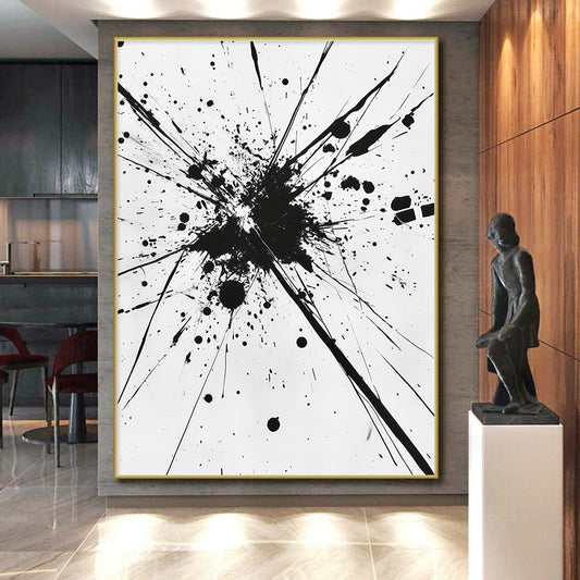Black Splattered Explosion on White - “Energetic Ink Burst” Painting On Canvas HB218