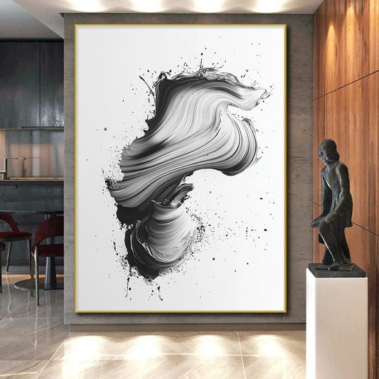 Black & Gray Swirled Brushstrokes on White - “Textured Ink Flow” Painting On Canvas HB220