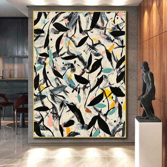 Black, Green, Blue, Yellow, Leafy Chaos "Botanical Burst" Abstract Expressionist Painting On Canvas HB081