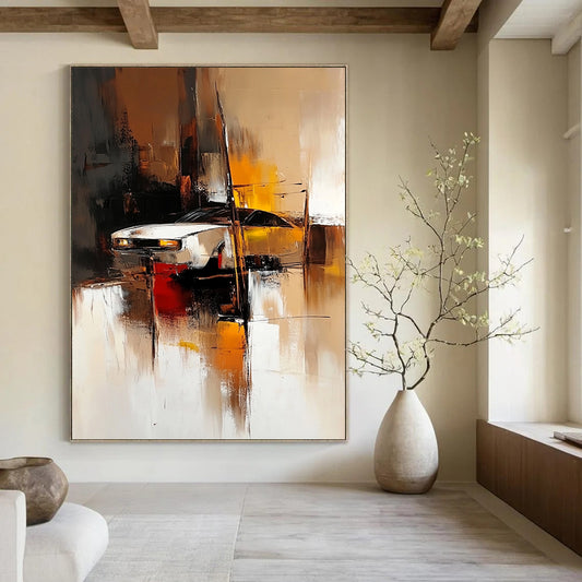 Contemporary abstract painting featuring blurred shapes in light brown dark amber and dark white creating an industrial design with soft edges and vibrant tones. DLZ0590