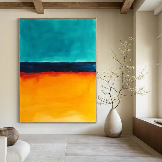 Contemporary abstract painting features vibrant orange and teal hues capturing the ocean at sunset in a captivating visual experience. DLZ1386
