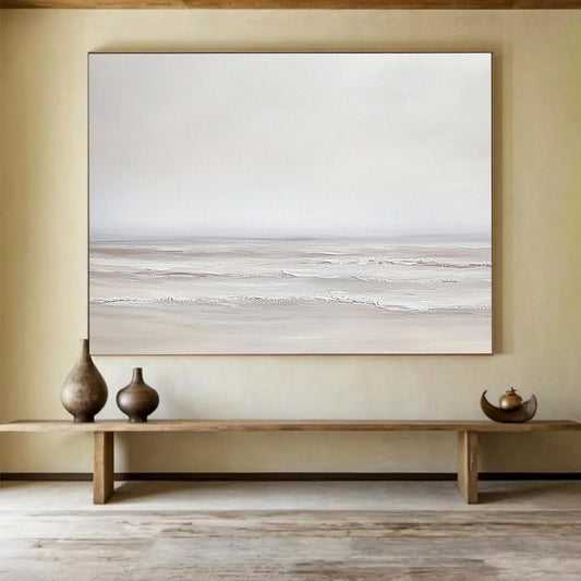 “Soft Gray Seaside” - Gray, white, beige, minimalist, Seascape Painting HB0625