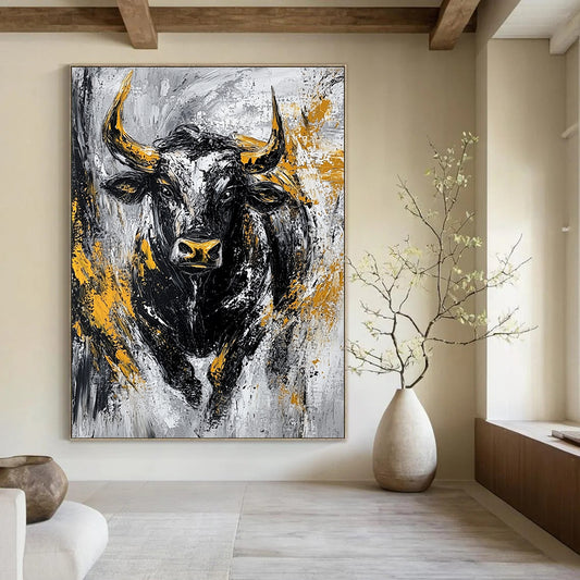 Bold contemporary abstract painting featuring an aggressive bull in textured black and gold against a striking grey background. DLZ0885