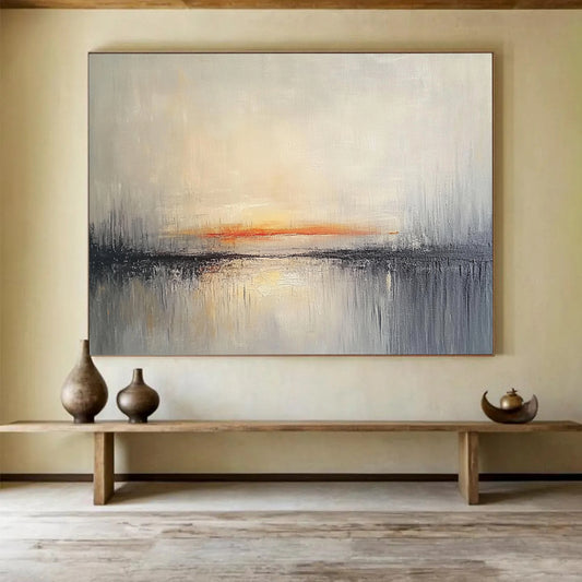 “Sunset Reflection” - Gray, Orange, Tranquil Sky and Water Painting On Canvas HB0936