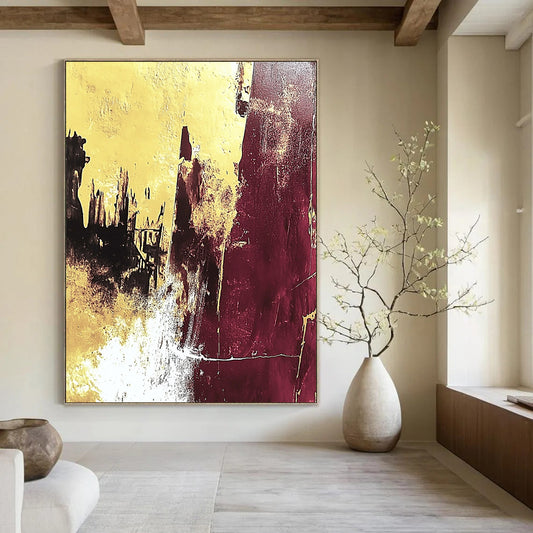 Large contemporary hand-painted abstract artwork featuring yellow and burgundy colors with white texture and gold leaf, capturing ruins in a high-contrast detailed style. DLZ1527