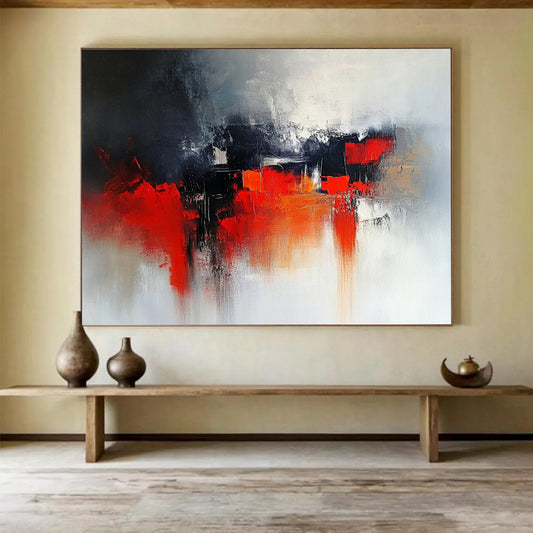 “Dark Urban Abstract” - Gray, black, red, orange; Moody abstract cityscape; Oil Painting On Canvas HB1208