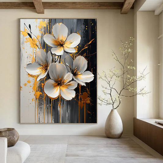 Contemporary abstract art featuring white flowers with gold and silver accents on a textured background of black and grey with elegant paint drips. DLZ0825