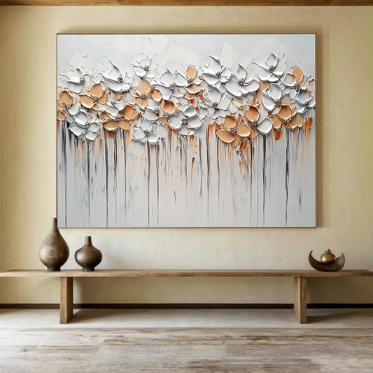 “White - Gold Floral Drip” - White, Gold, Beige with Flower Row - 3D Impasto Painting HB1350