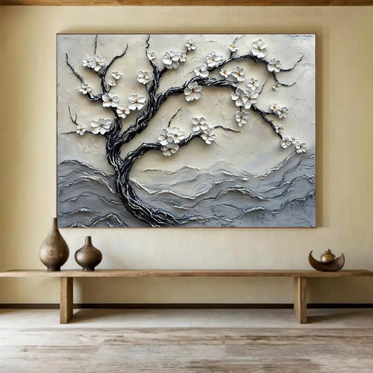 “White Blossom Tree Relief” - Whites, Grays, Textured Tree with Blossoms - 3D Relief Sculpture Painting HB1740