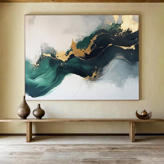 “Elegant Gold and Green Abstract Flow” - Green, gold, gray, white; Abstract fluid shapes with gold accents; Acrylic Painting On Canvas HB1240