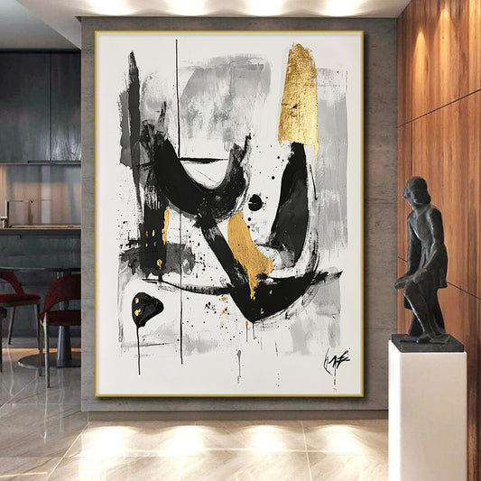 Black, Gray and Gold Abstract Swirls "Mysterious Whirl" Painting On Canvas HB326