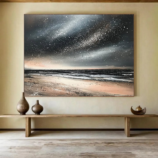 “Starry Beach Night” - Blacks, whites, beiges, silvers; Starry sky over a quiet beach; Mixed Media Painting On Canvas HB1183