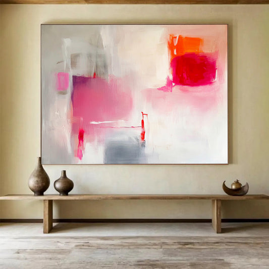 “Blush and Pop” - Pink, Red, Gray, Soft and Bold Strokes - Abstract Expressionist Acrylic Painting HB1537