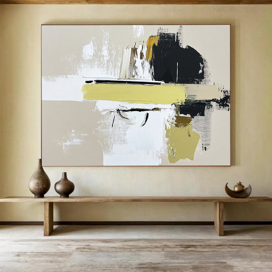 “Abstract Yellow Accent” - Beige, White, Black, Yellow, Dynamic Abstract Shapes Painting On Canvas HB0961