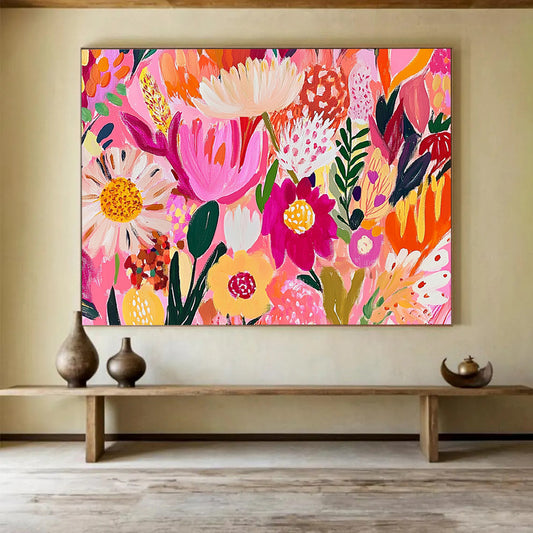 “Pink - Hued Floral Carnival” - Bright Pinks, Oranges, Yellows, Playful Flower Explosion - Contemporary Acrylic Painting HB1725