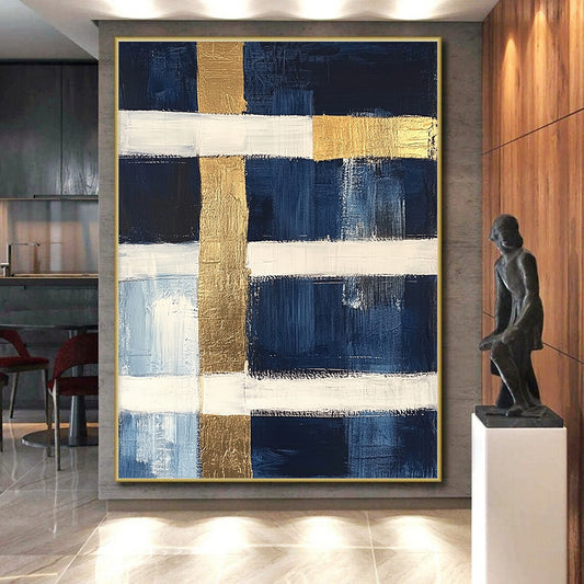 Navy, White, Gold, Horizontal Stripes "Gilded Nautical Horizons" Abstract Minimalist Painting On Canvas HB154