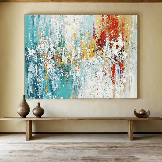 “Colorful Abstract Splash” - Teal, yellow, red, white; Abstract splash with vibrant colors; Acrylic Painting On Canvas HB1271