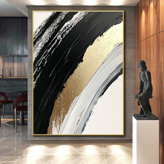 Black, White and Gold Curved Brushstrokes "Elegant Arc" Painting On Canvas HB321