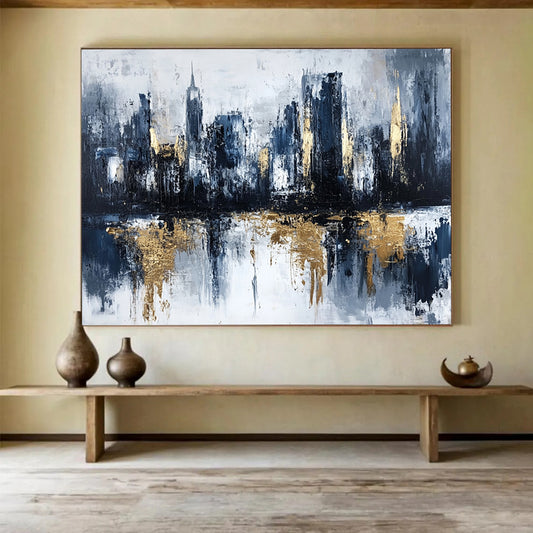 “Gilded City Skyline Reflection” - Gray, Blue, Gold, Abstract Cityscape with Water Mirroring Painting On Canvas HB1097
