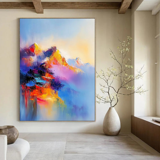 Contemporary abstract oil painting featuring an ethereal mountain range in vibrant colors with misty atmosphere and dreamlike light effects. DLZ0459