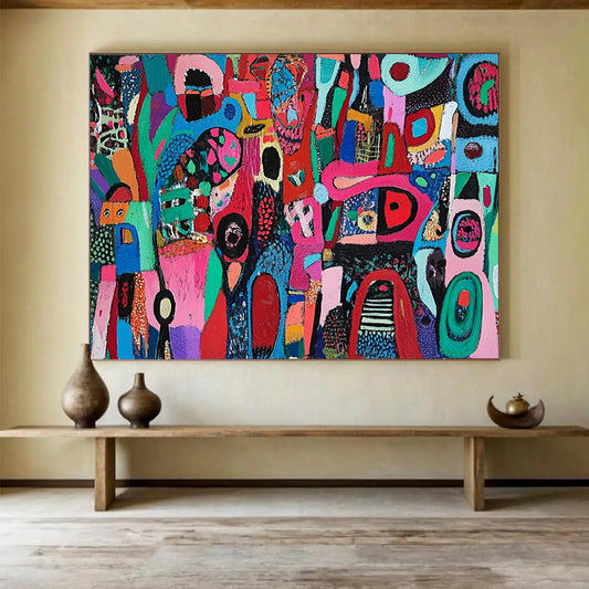 “Whimsical Colorful Shapes” - Multicolor, Abstract Shapes Painting On Canvas HB0741
