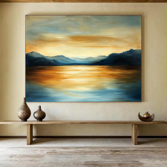 “Mountain Lake Sunset” - Blues, Oranges, Golds, Lake Surrounded by Mountains at Sunset - Acrylic Painting HB1608