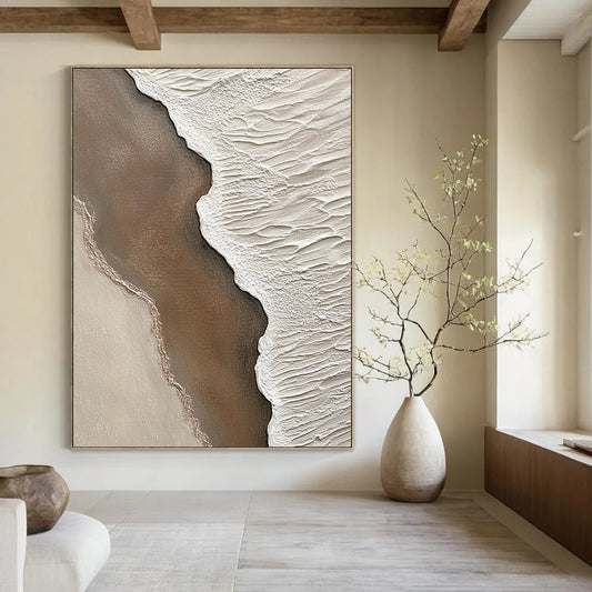 Contemporary abstract artwork highlighting textured sand and water at the beach with intricate details in brown and white creating a serene coastal atmosphere. DLZ1210