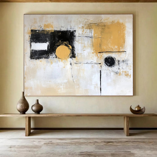 “Earthy Circles” - Beige, White, Black, Gold with Abstract Circles - Abstract Acrylic Painting HB1342