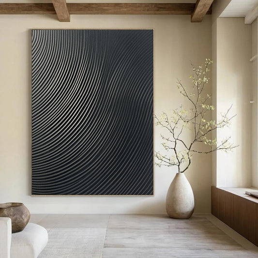 Contemporary abstract wall art features a glossy dark gray surface with sleek vertical lines creating an eye-catching wave pattern for any modern space. DLZ1149