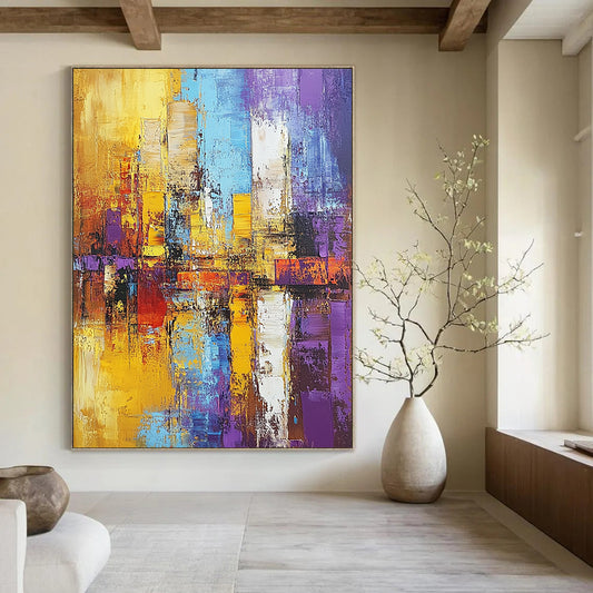 Contemporary hand-painted abstract art featuring a textured cityscape in gold and purple, showcasing expressive brushstrokes in a striking composition. DLZ0467