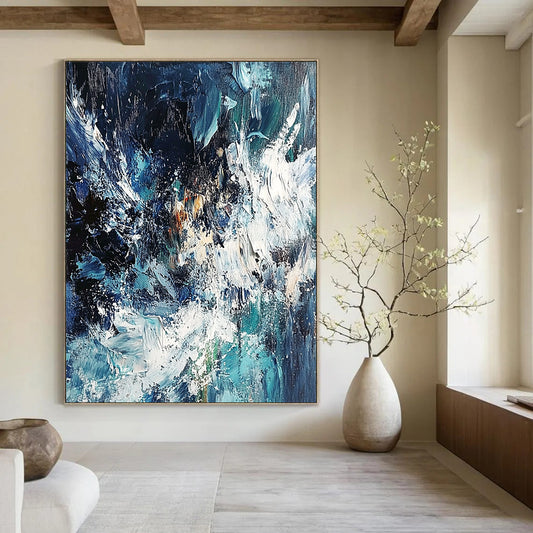 Contemporary abstract painting showcasing an ocean storm with dynamic blue and white waves using thick impasto strokes for dramatic texture and depth. DLZ0579