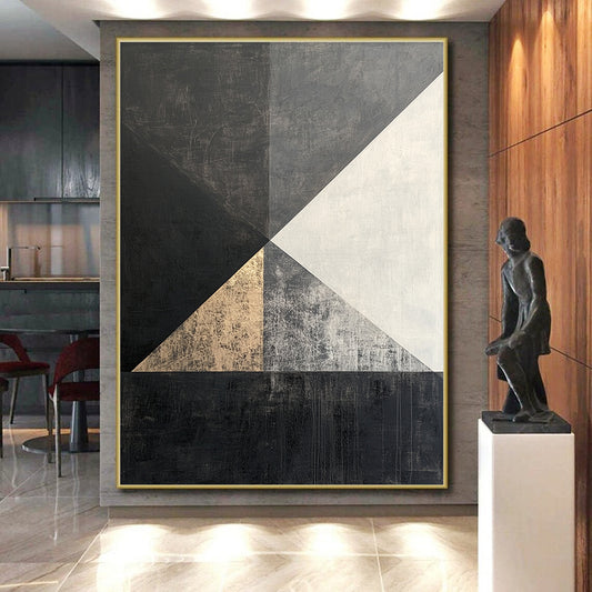 Black, White, Gray, Gold, Triangular Geometry "Gilded Triangle Tango" Abstract Cubist - Inspired Painting On Canvas HB122