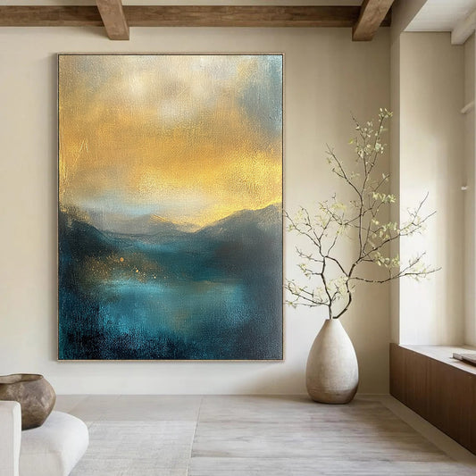 Contemporary abstract painting featuring misty mountains golden sky textured in teal and yellow tones perfect for adding elegance to any space. DLZ0486