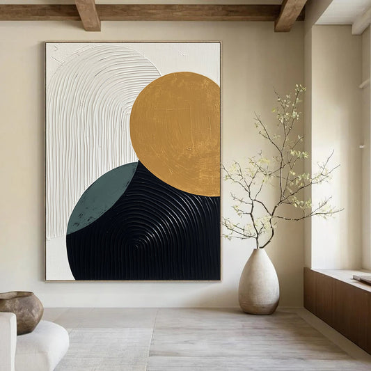Contemporary hand-painted abstract art featuring minimalist black white and gold elements with textured ovals and curves in soothing beige and green tones. DLZ1353