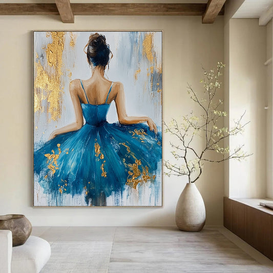 Contemporary abstract artwork featuring a ballerina in a blue dress adorned with gold leaf on textured white canvas background. DLZ0466