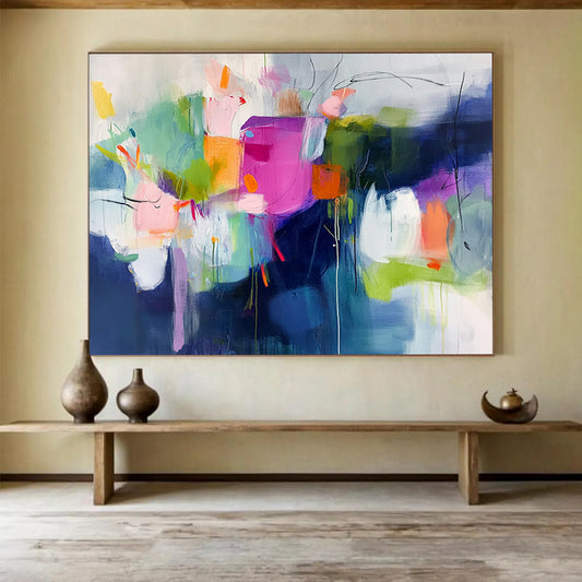 “Colorful Abstract Blooms” - Pink, Green, Orange, Abstract Floral Forms - Fauvist Acrylic Painting HB1523