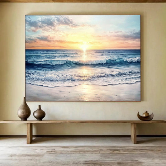 “Sunset Ocean Waves” - Orange, Pink, Blue, Realistic Seaside Oil On Canvas HB0700