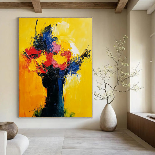 Contemporary abstract painting in vibrant yellow red and blue showcasing expressive flowers and a sunrise with visible brush strokes on oil canvas. DLZ0542