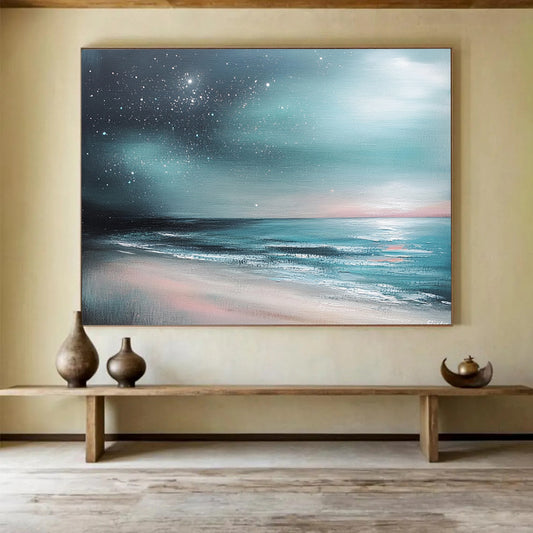 “Aurora Beach” - Teals, Pinks, Purples, Beach Under a Starry, Aurora - Like Sky - Impasto Oil Painting HB1742