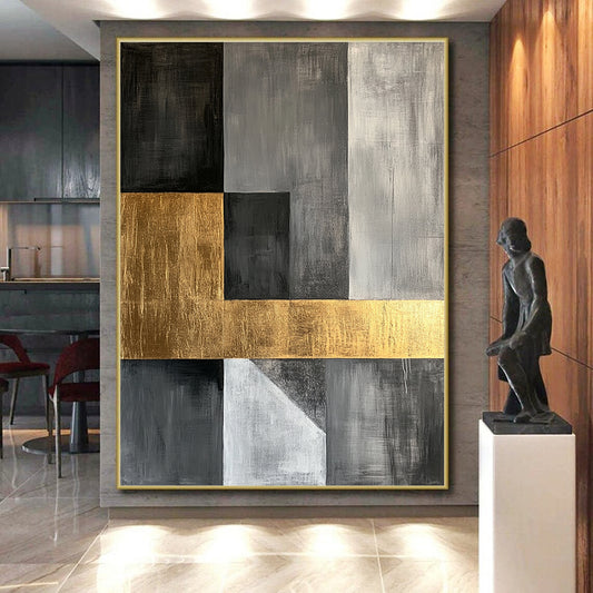 Gray, Black, Gold and White Geometric Fusion "Sophisticated Union" Painting On Canvas HB360
