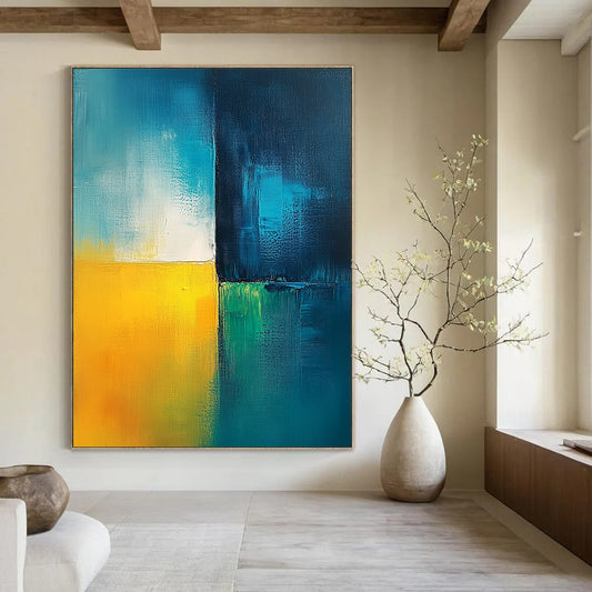 Contemporary abstract painting featuring calming blue green white and yellow hues with a light teal background and minimalist dark blue contrast bar. DLZ0355