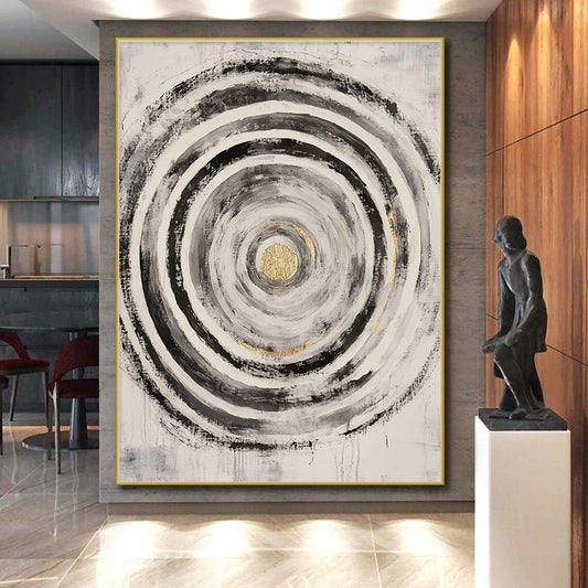 Black, White, Gray and Gold Concentric Circles "Energetic Vortex" Painting On Canvas HB381