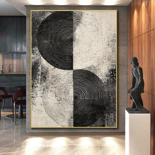 Black and White Split Circles "Dual Rhythm" Painting On Canvas HB253