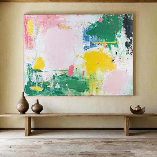 “Soft Color Splash Abstract” - Pink, Green, Yellow, Blue with Gentle Splashes - Painting On Canvas HB1369