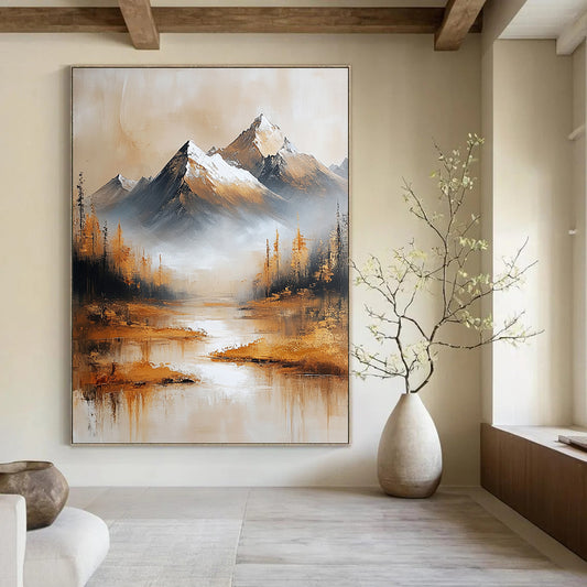 Contemporary abstract oil painting features golden mountains with a snow-capped background in a minimalist beige and gold color scheme. DLZ0481