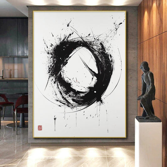 Black and White Dynamic Circle "Wild Enso" Painting On Canvas HB260