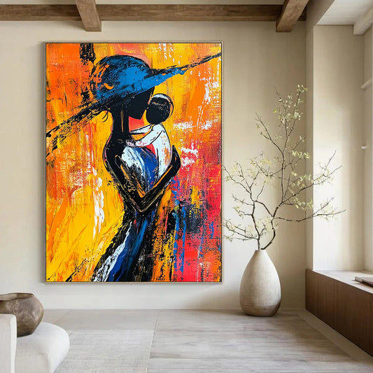 Contemporary abstract painting showcasing a woman in black and white with a blue hat surrounded by warm reds yellows and oranges vibrant brush strokes. DLZ1499