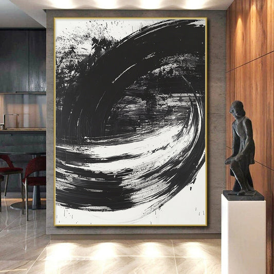 Black, White, Swirling Strokes "Monochrome Vortex" Abstract Modernist Painting On Canvas HB093