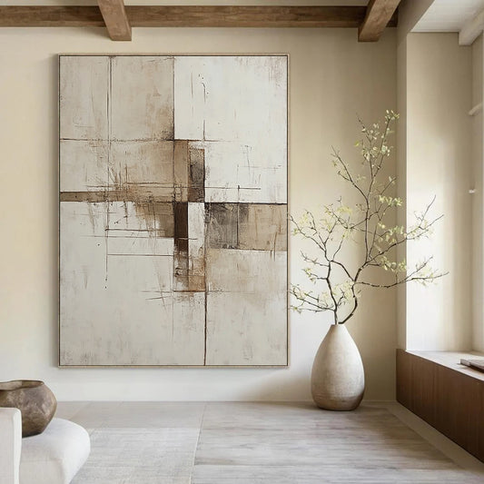 Contemporary hand-painted abstract artwork featuring minimalist deconstructed forms in beige white and brown inspired by architectural structures. DLZ0540