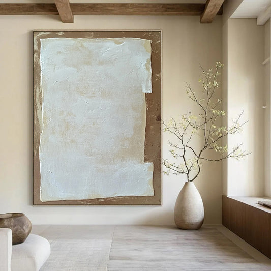 Contemporary abstract painting featuring white rectangular foam against a brown background inspired by Zdzisław Beksiński and Agnes Martin. DLZ1748